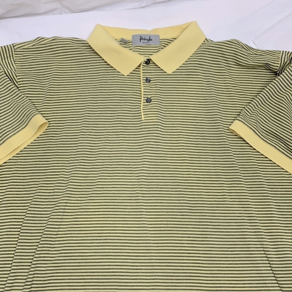 Men’s Pringle Yellow Navy Blue Striped Polo Size 2XL